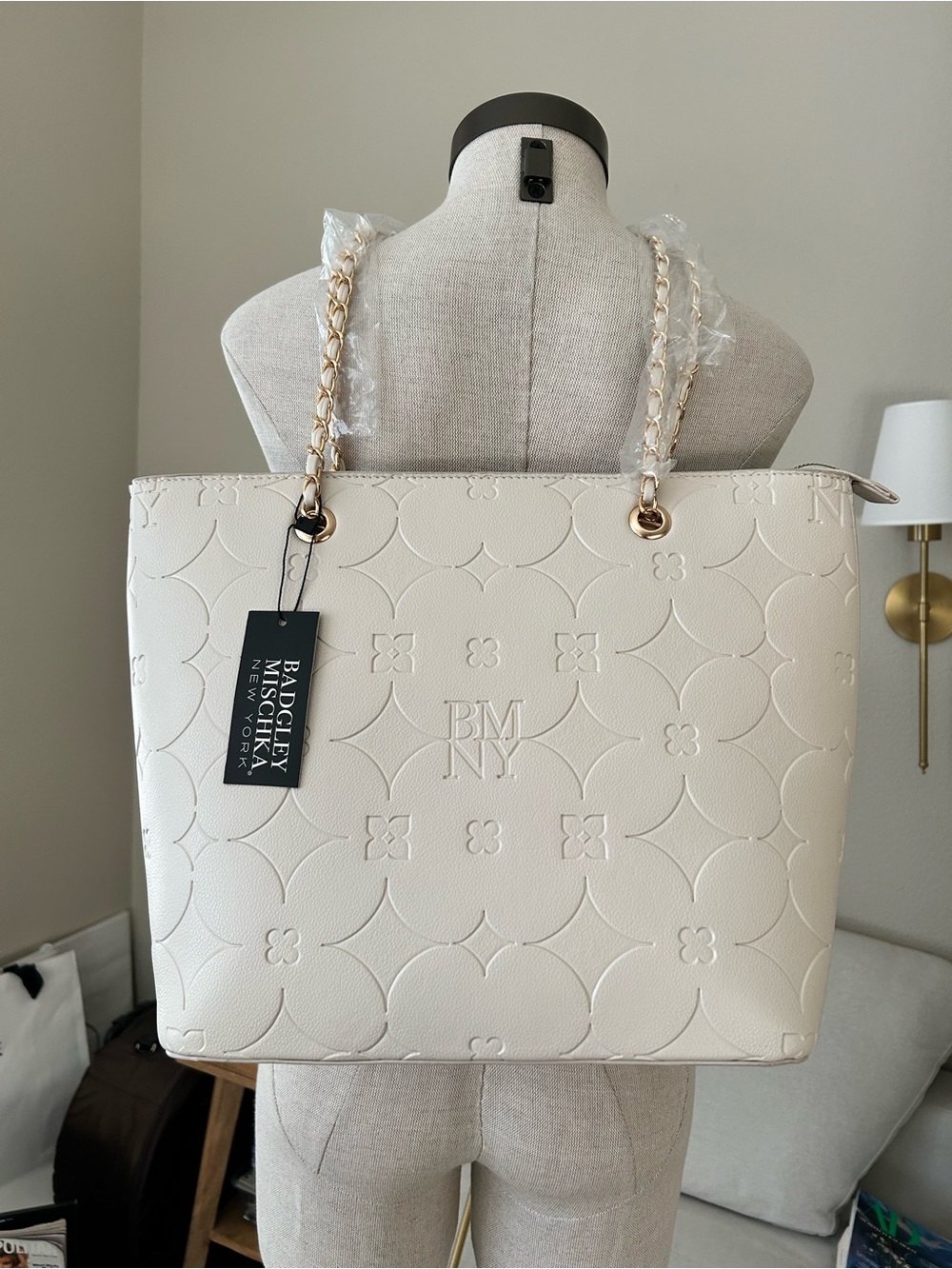 Badgley Mischka faux leather White Embossed Large Tote Zip Top Gold Chain Strap